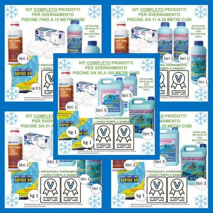 SCEGLI LA TAGLIA DEL TUO KIT IN BASE AI METRI CUBI DELLA TUA PISCINA, ASSORTIMENTO GIA' PRONTO PER TRATTARE L' ACQUA DELLE PISCINE IN INVERNO CON PRODOTTI CHIMICI